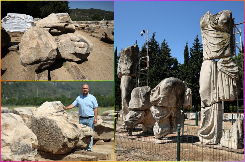 Leto, Apollon ve Artemisin 7 metrelik heykelleri ayağa kaldırılıyor 